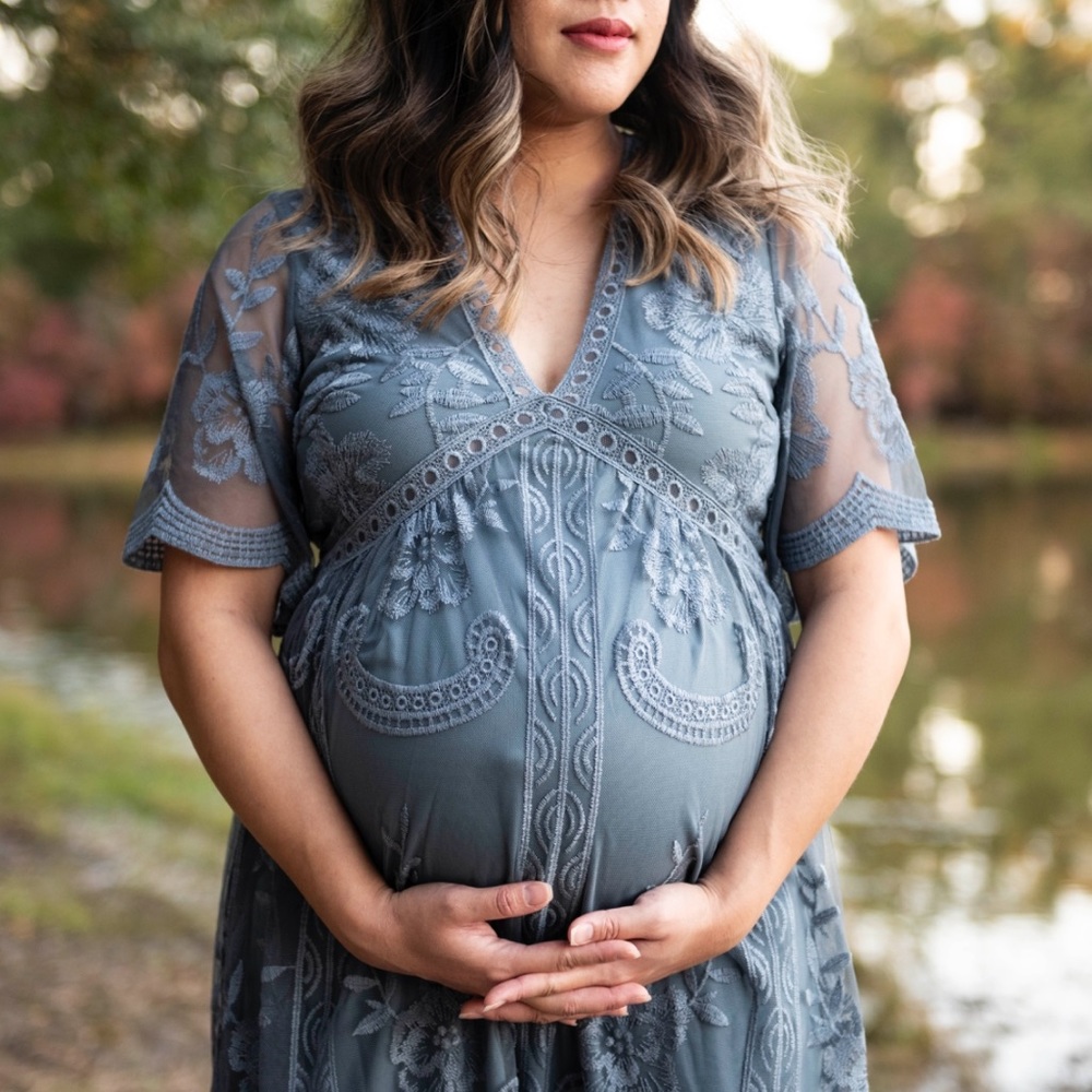 PinkBlush Blue Lace Mesh Overlay Maternity Maxi Dress